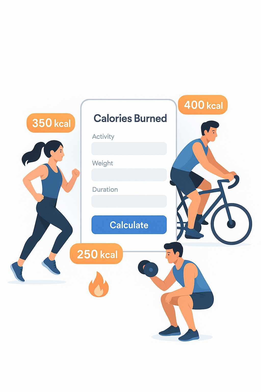 Flat-style fitness illustration featuring a woman running, a man cycling, and another man lifting weights, with floating calorie counters and a digital 'Calories Burned Calculator' interface on a clean white background