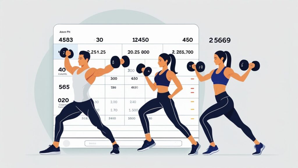 Modern illustration of people exercising with calorie counters and a digital calculator interface for calculating calories burned.