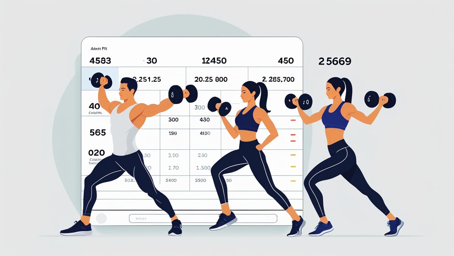 Fitness-themed illustration showing a man and woman doing cardio and strength exercises at home