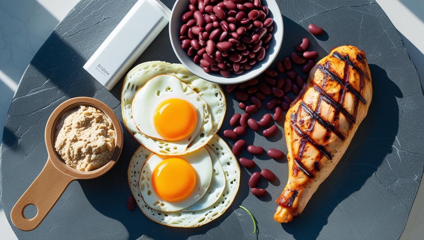 Protein-rich foods such as chicken, eggs, and beans alongside a muscular arm holding a protein shaker