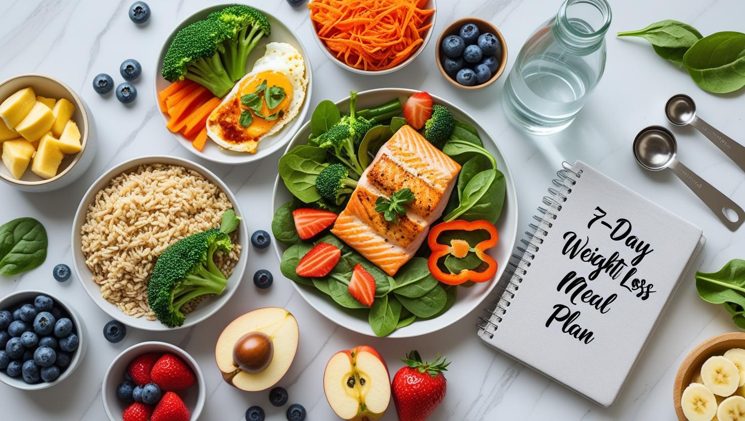 Bright flat lay of a 7-day healthy meal plan for women