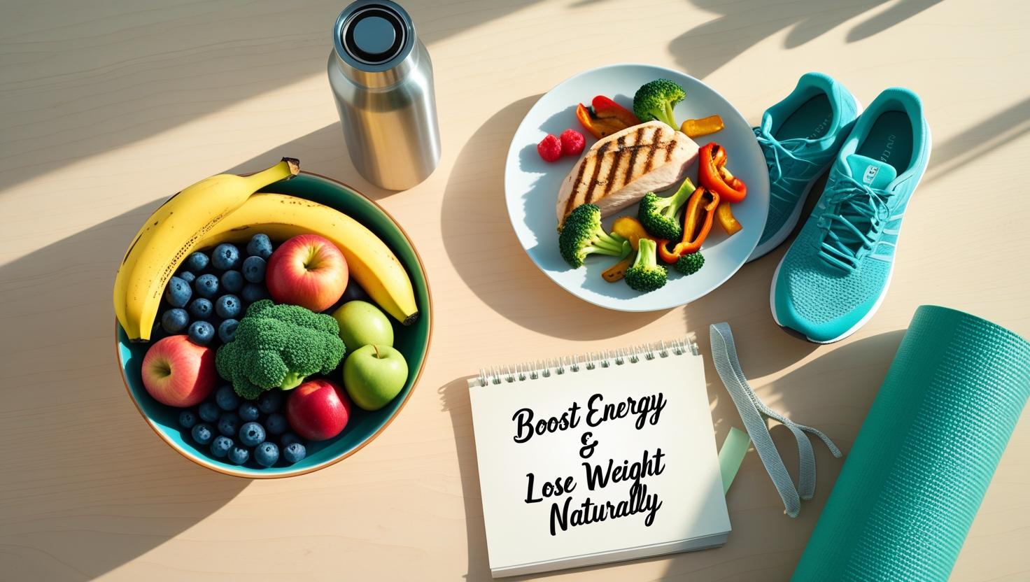 Healthy lifestyle flat lay: food, water, and exercise essentials
