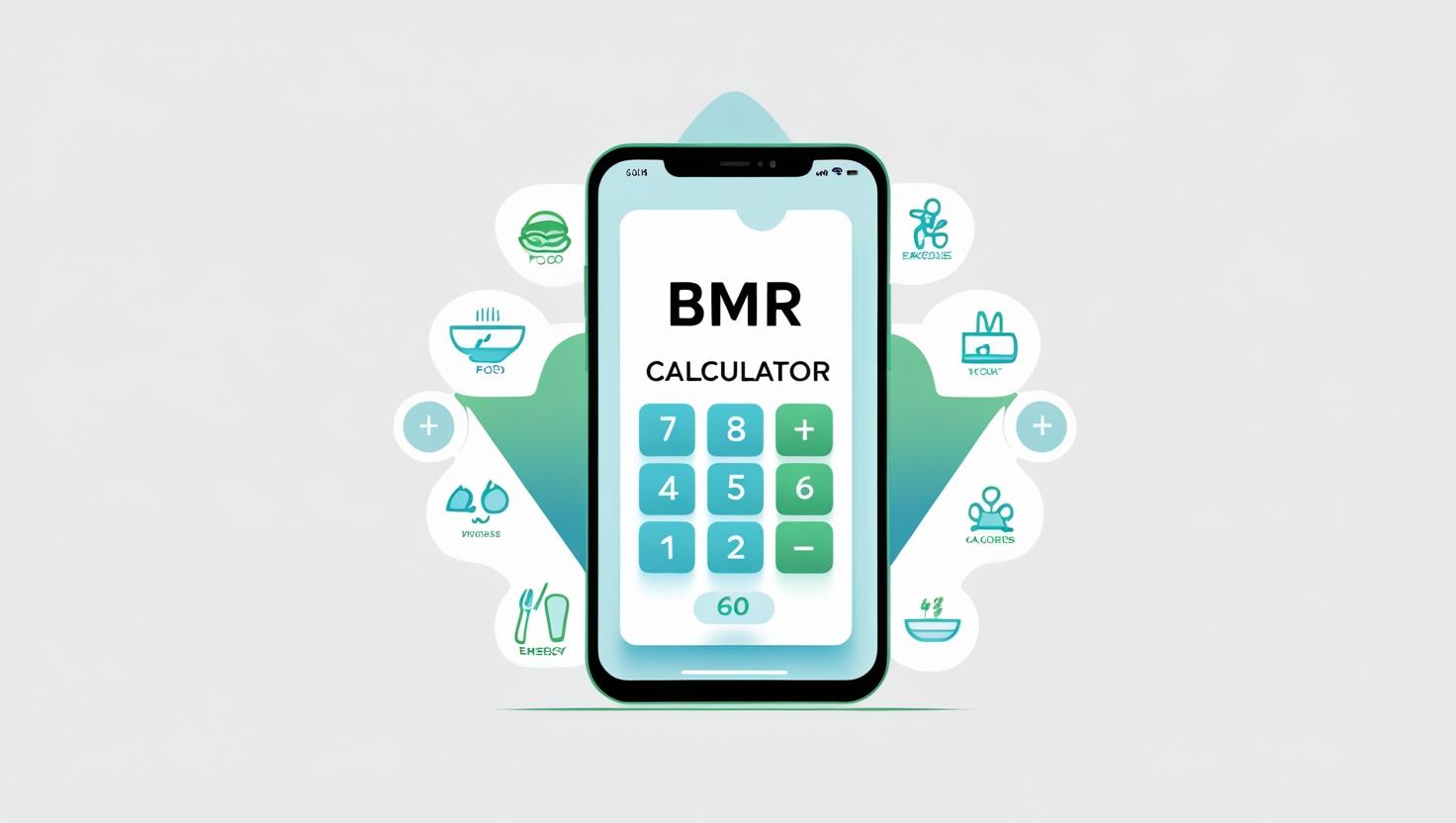 Digital BMR calculator illustration on smartphone with food, exercise, and calorie icons in modern health and fitness design.