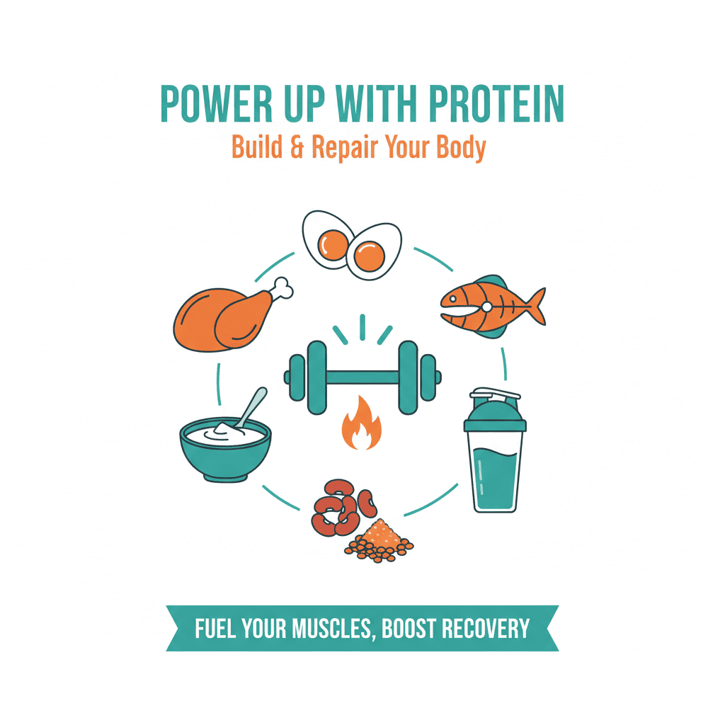 Protein calculator concept with foods and macros