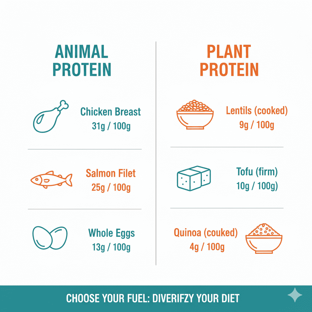 Protein rich foods from animal and plant sources