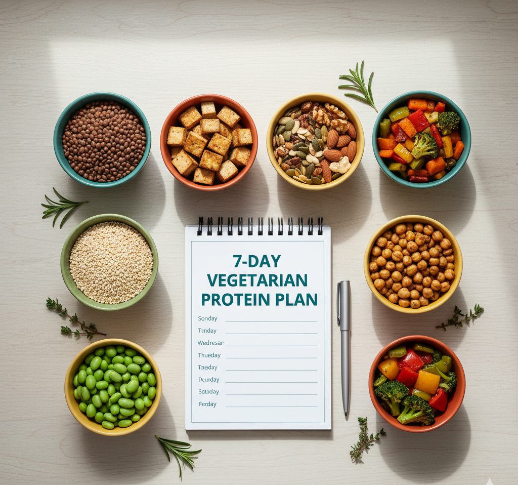 High-protein vegetarian meal plan featuring tofu, lentils, chickpeas, and quinoa for muscle gain and balanced nutrition.