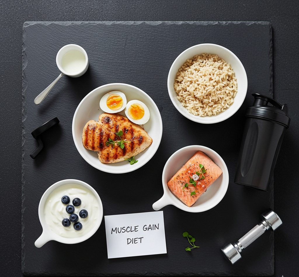 High-protein muscle gain diet with chicken, eggs, and salmon beside fitness equipment for strength and recovery.