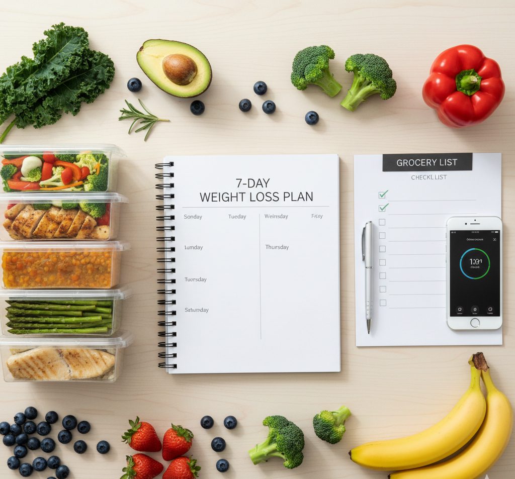 7-day weight loss meal plan with grocery checklist and healthy foods for busy people.