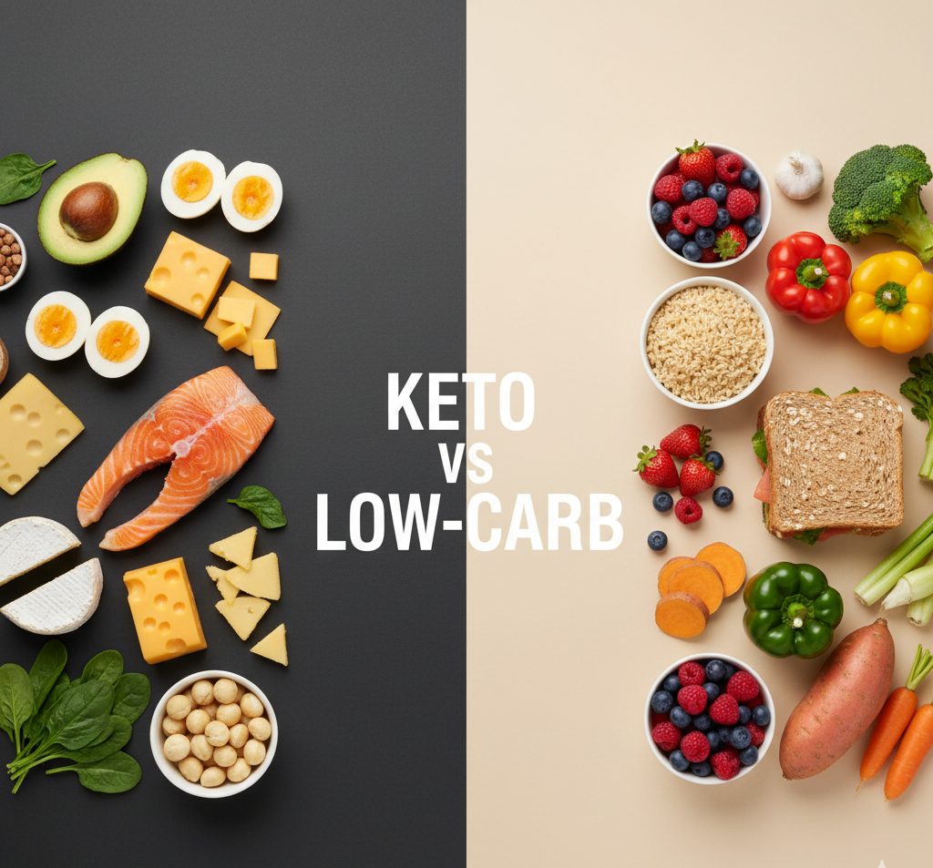 Comparison of keto and low-carb diet foods including avocado, eggs, salmon, grains, and vegetables.