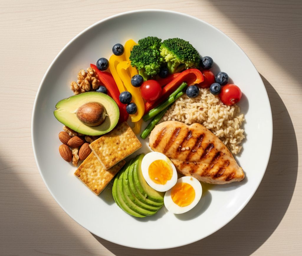 Healthy macro balanced foods on a plate with protein, carbs, and fats