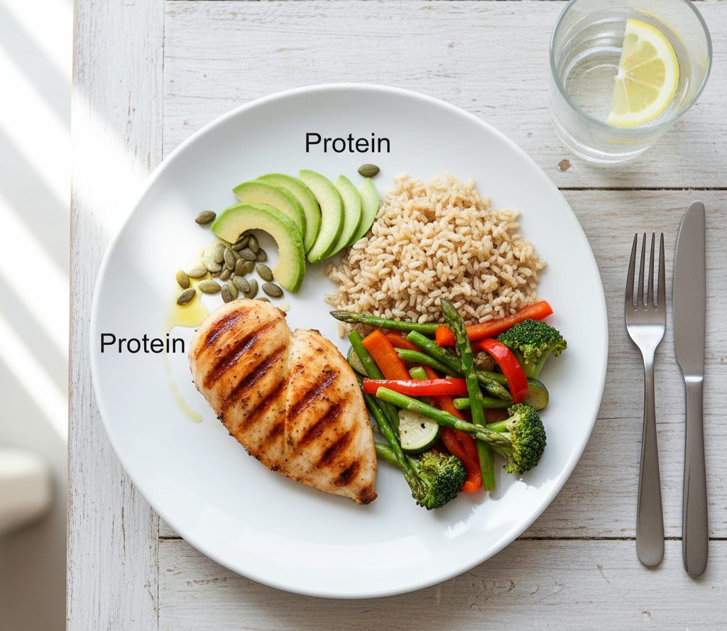 A balanced macro plate showing proper portions of protein, carbs, and fats for healthy eating