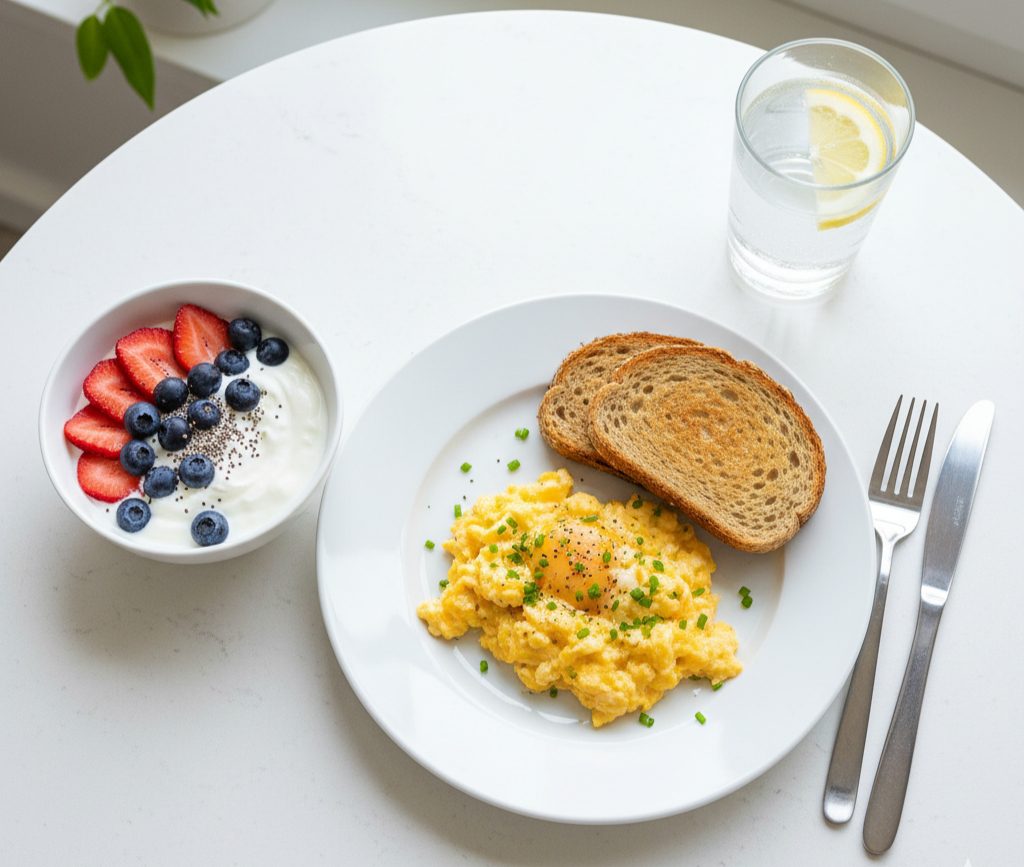 High-protein breakfast for weight loss — eggs, Greek yogurt, and whole-grain toast