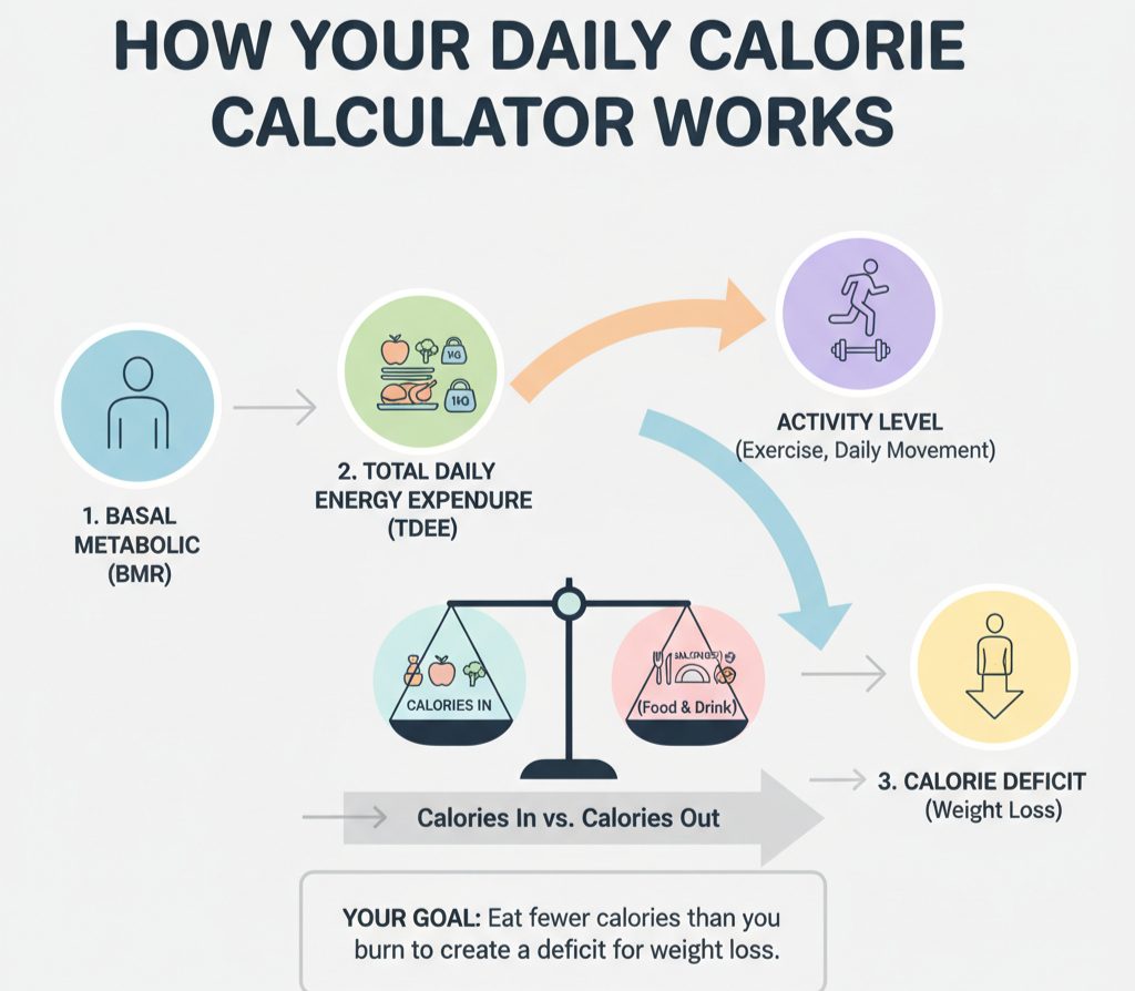 Daily calorie calculator concept with food and fitness planner