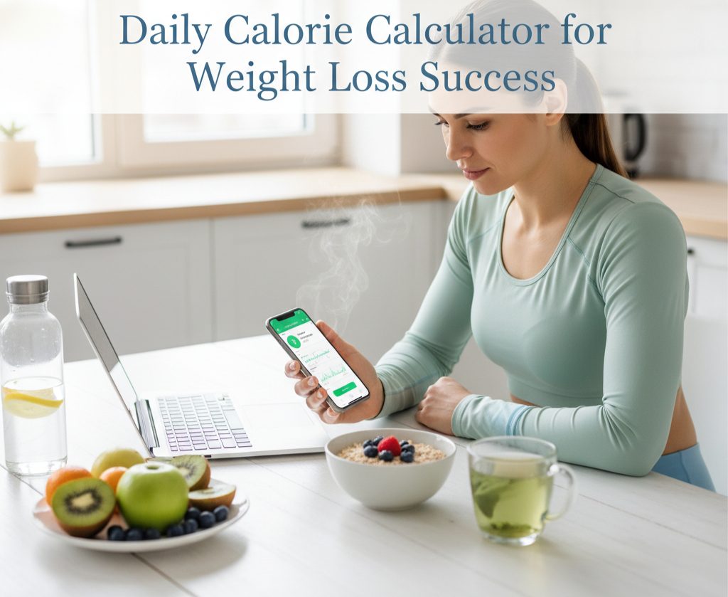 Person using online daily calorie calculator for weight loss success with healthy breakfast and fitness lifestyle setup