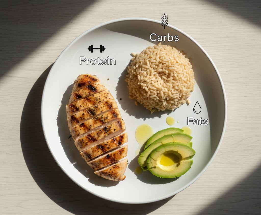 Balanced meal plate showing protein, carbs, and fats for calculating daily macros for weight loss