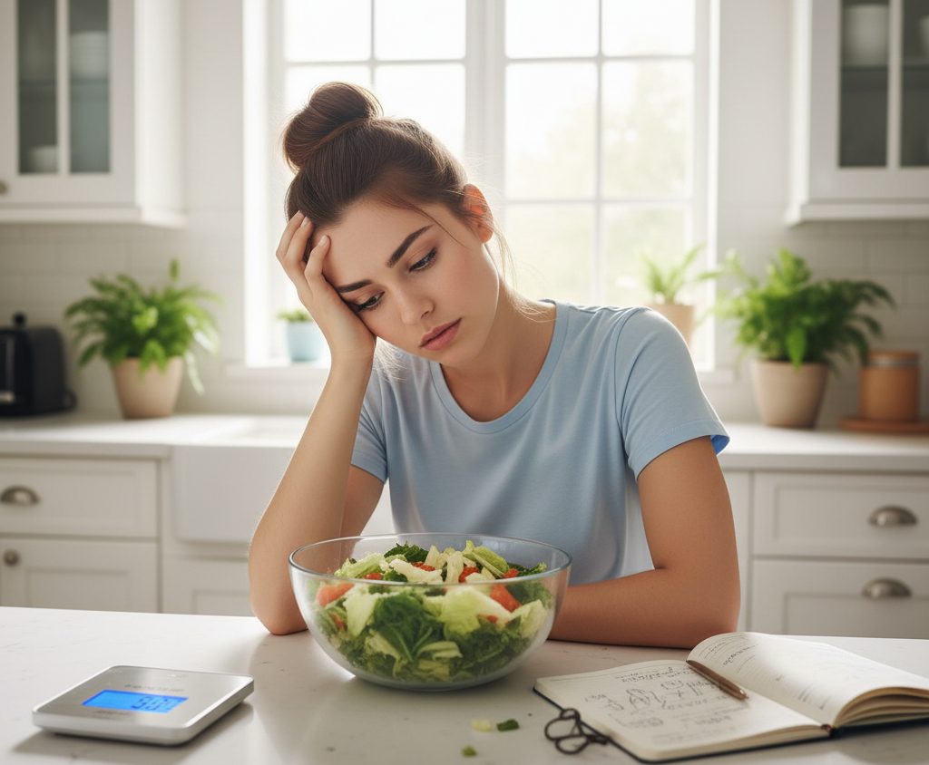 Frustrated woman struggling with diet and metabolism balance in kitchen