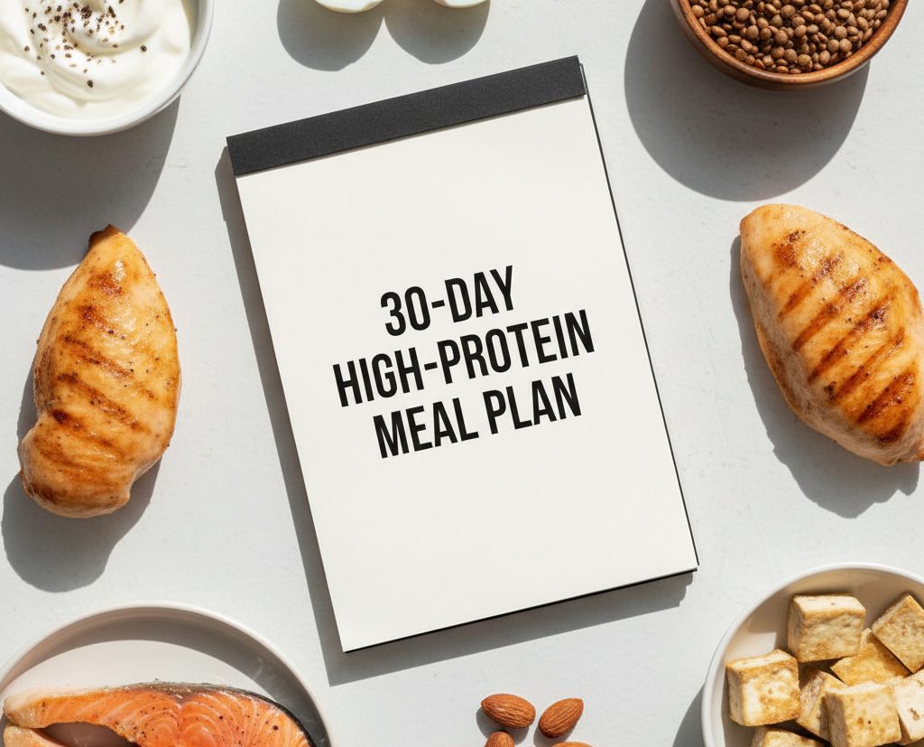 Healthy high-protein foods like eggs, chicken, and lentils arranged for a 30-day weight loss meal plan