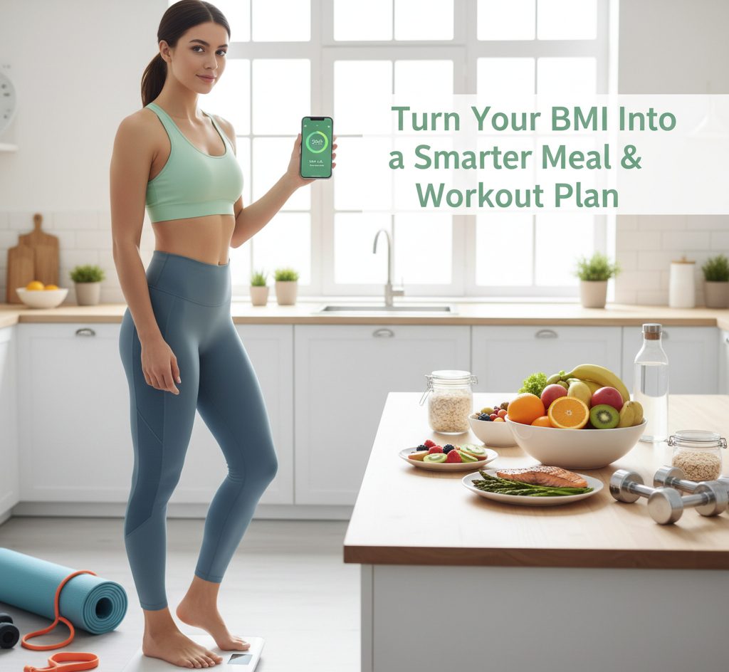 Feature image showing a person checking BMI on a fitness app surrounded by healthy food and workout gear