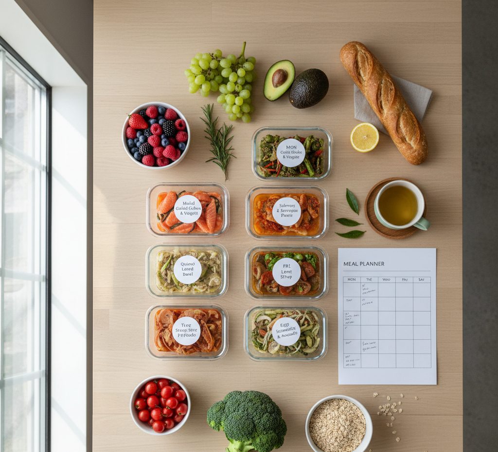 Healthy 7-day nutrition plan with meal containers, fruits, vegetables, and weekly planner on table