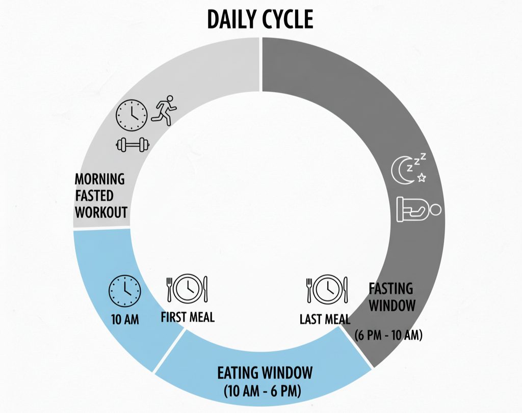 Visual showing time-restricted eating schedule and workout alignment