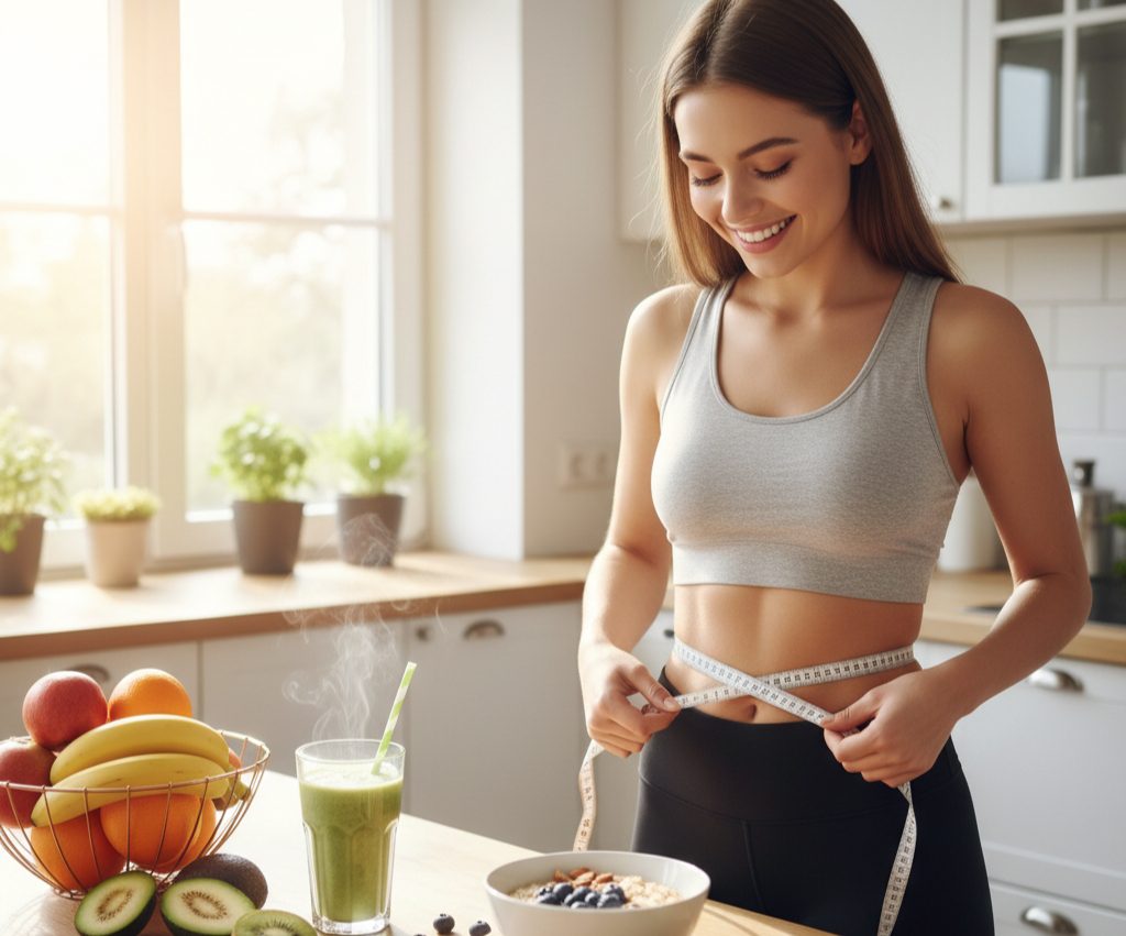 Woman tracking waist size while preparing healthy breakfast to lose belly fat naturally