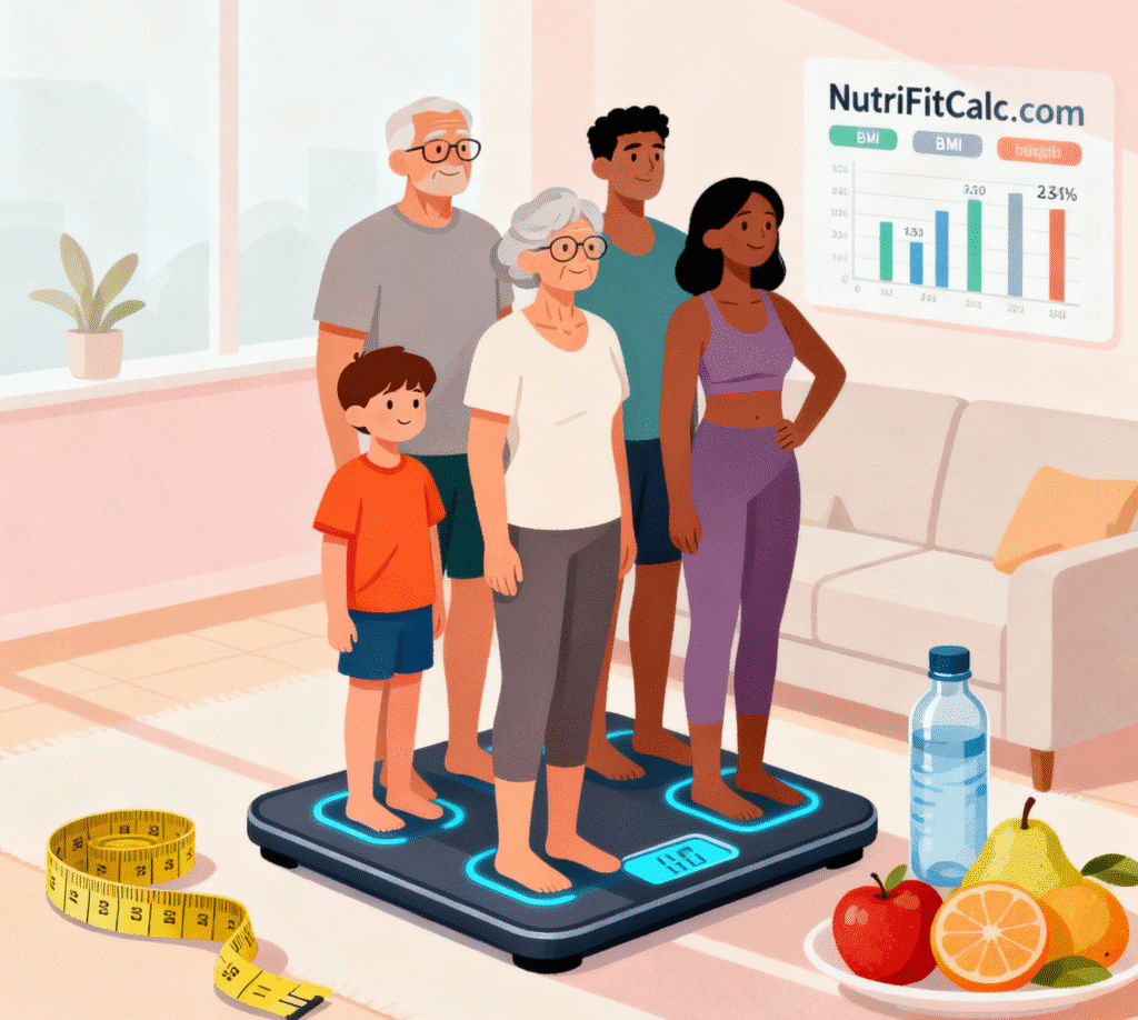 People of all ages checking their ideal weight at home using smart scales and BMI chart – NutriFitCalc healthy weight guide