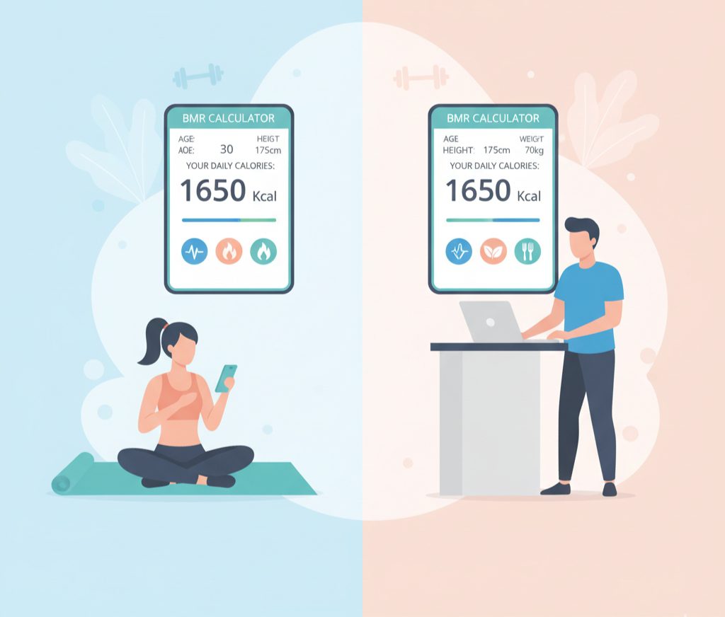 Person checking Basal Metabolic Rate (BMR) at home using a digital calculator – NutriFitCalc health and fitness guide