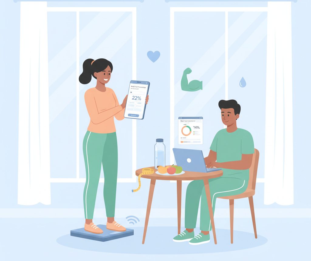 Person checking body fat percentage at home using a digital fat calculator and smart scale – NutriFitCalc body fat guide