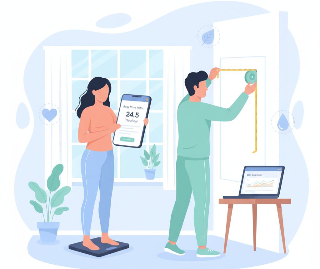 Person calculating BMI at home using digital scale, tape measure, and smartphone with BMI calculator – NutriFitCalc health guide