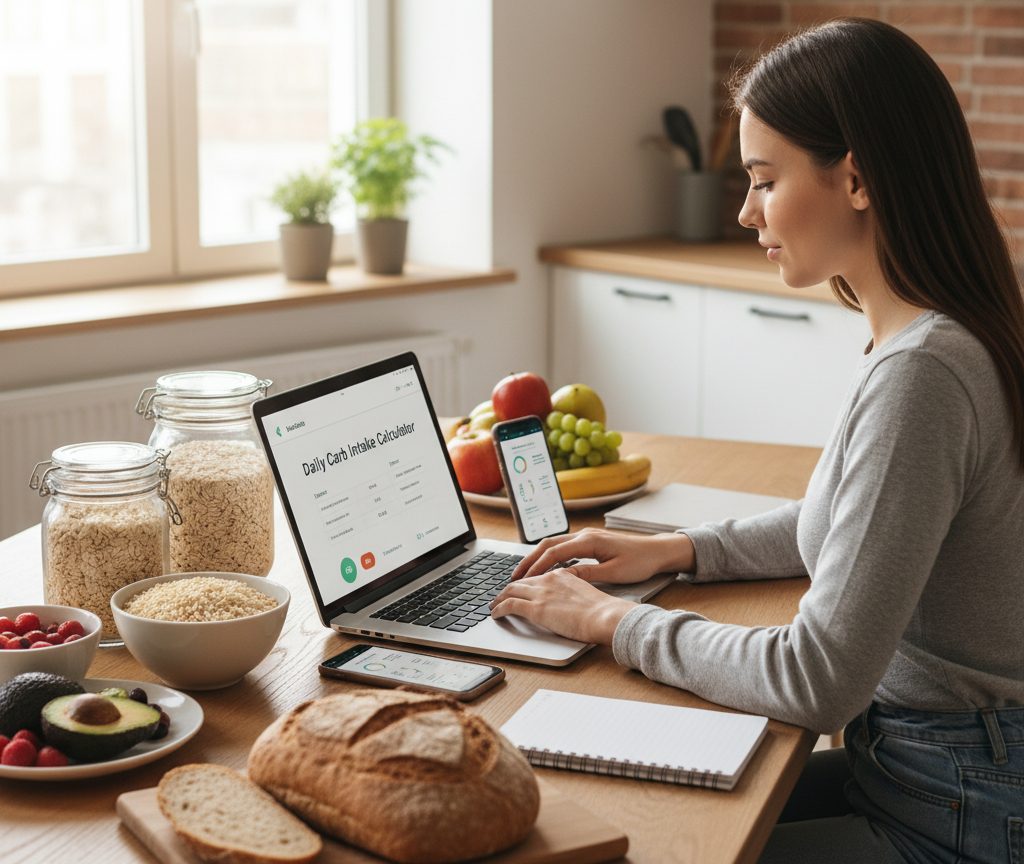 Person calculating daily carbohydrate intake with healthy foods on table – NutriFitCalc carbohydrate calculator