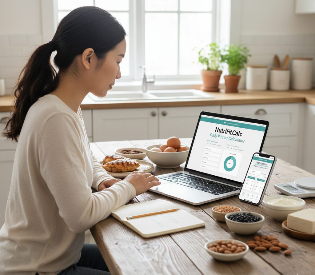 Person tracking daily protein intake with healthy protein foods on table – NutriFitCalc protein calculator guide