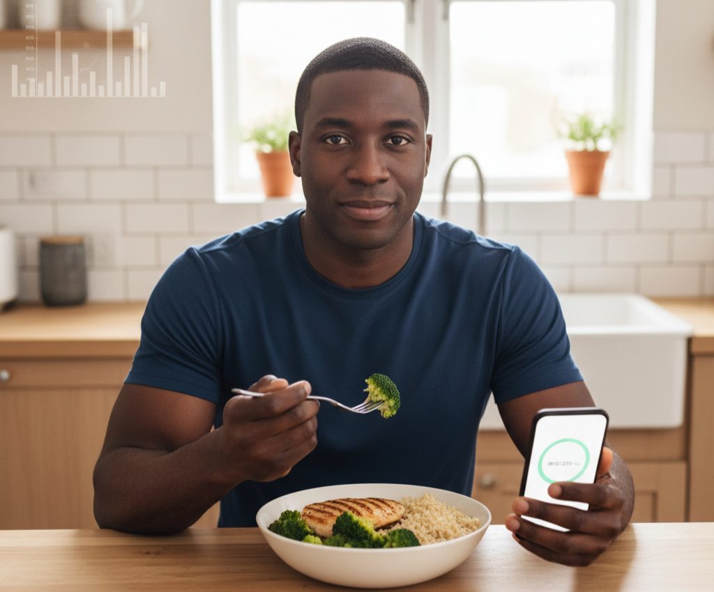 Person tracking daily calorie intake using a smartphone app while eating a healthy meal — representing calorie deficit and balanced nutrition