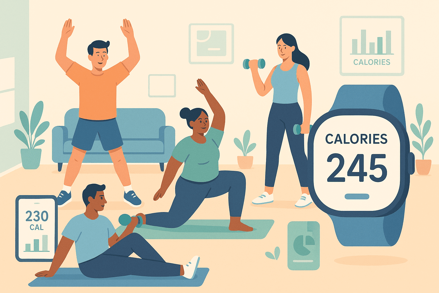 People exercising at home with smartwatch and calorie tracker showing calories burned – NutriFitCalc fitness calculator guide